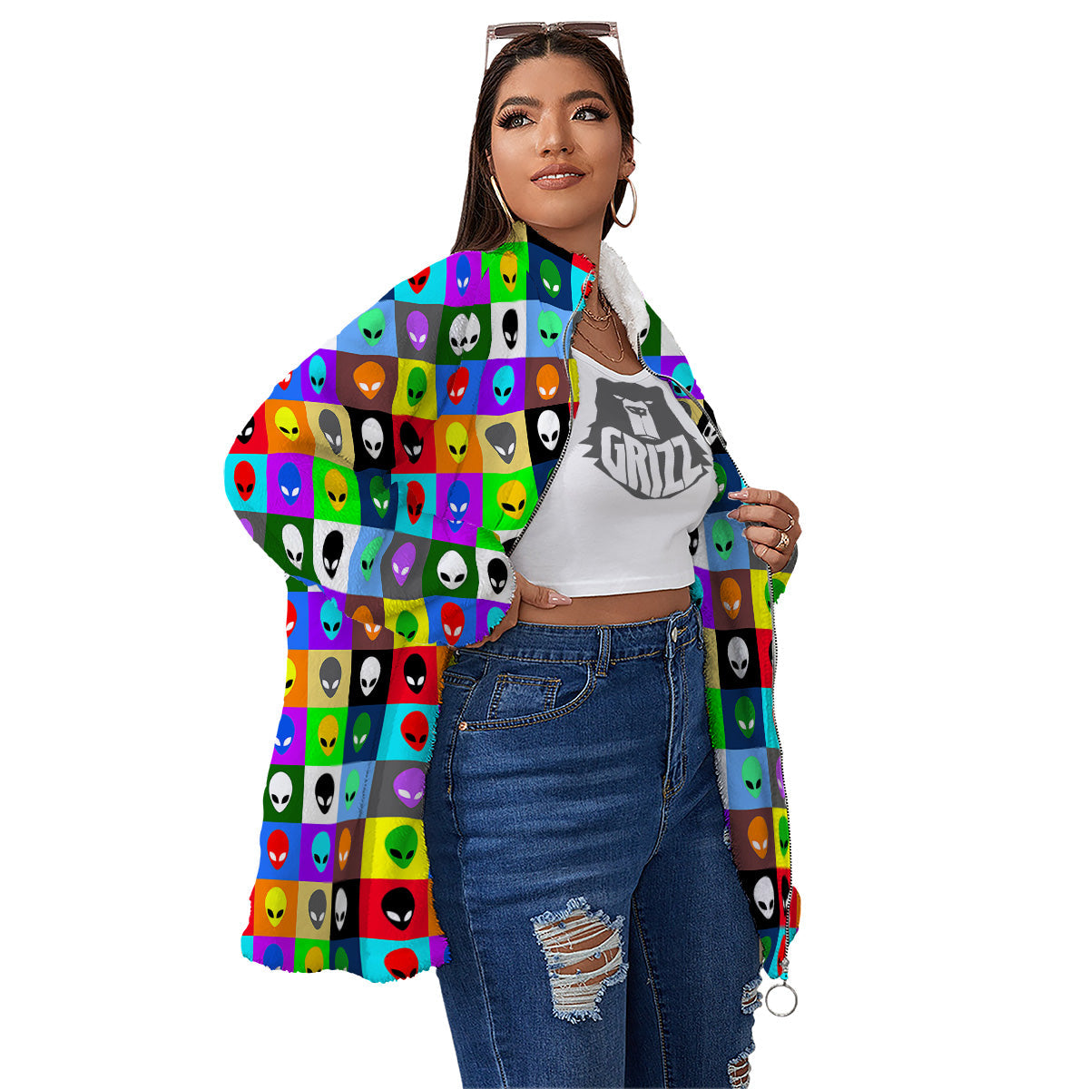 Colorful Retro Aliens Face Print Pattern Women's Sherpa Jacket-grizzshop