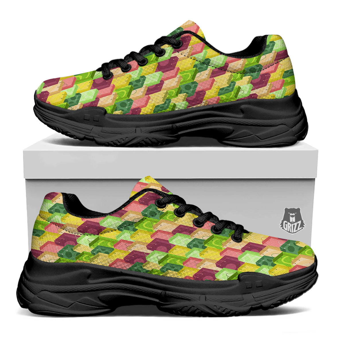 Colorful Shopping Bags Print Pattern Black Chunky Shoes-grizzshop