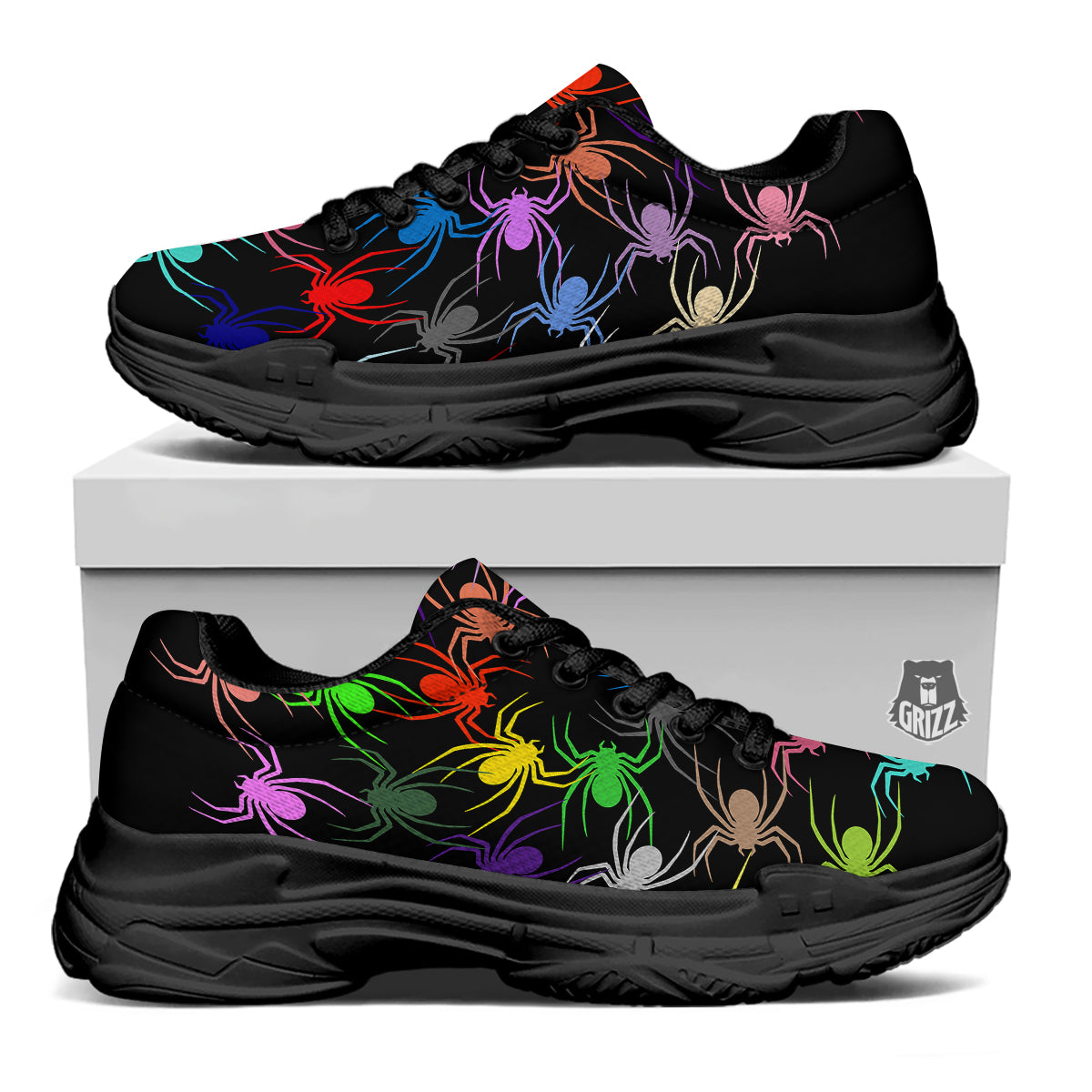 Colorful Spider And Spiral Web Print Black Chunky Shoes-grizzshop