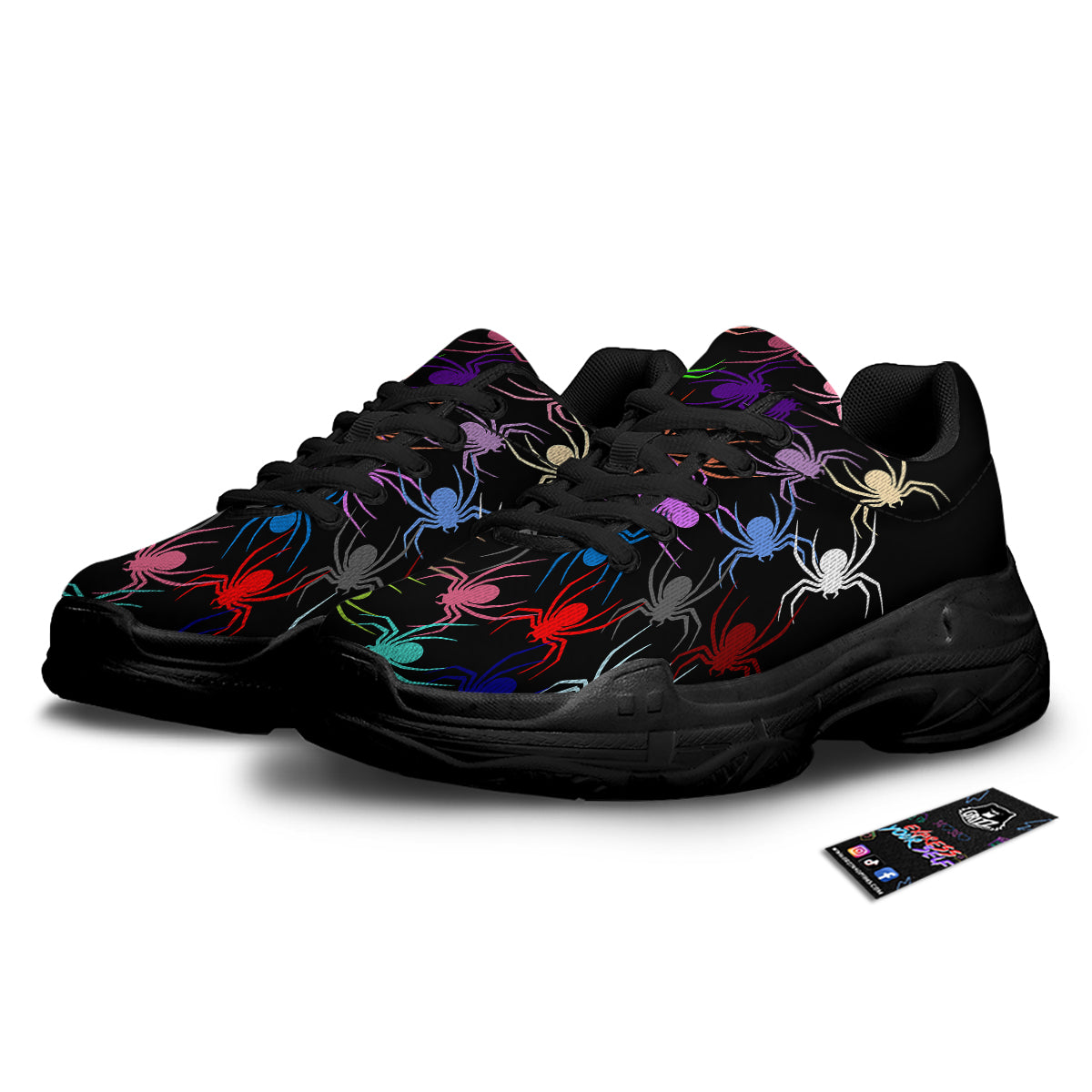 Colorful Spider And Spiral Web Print Black Chunky Shoes-grizzshop