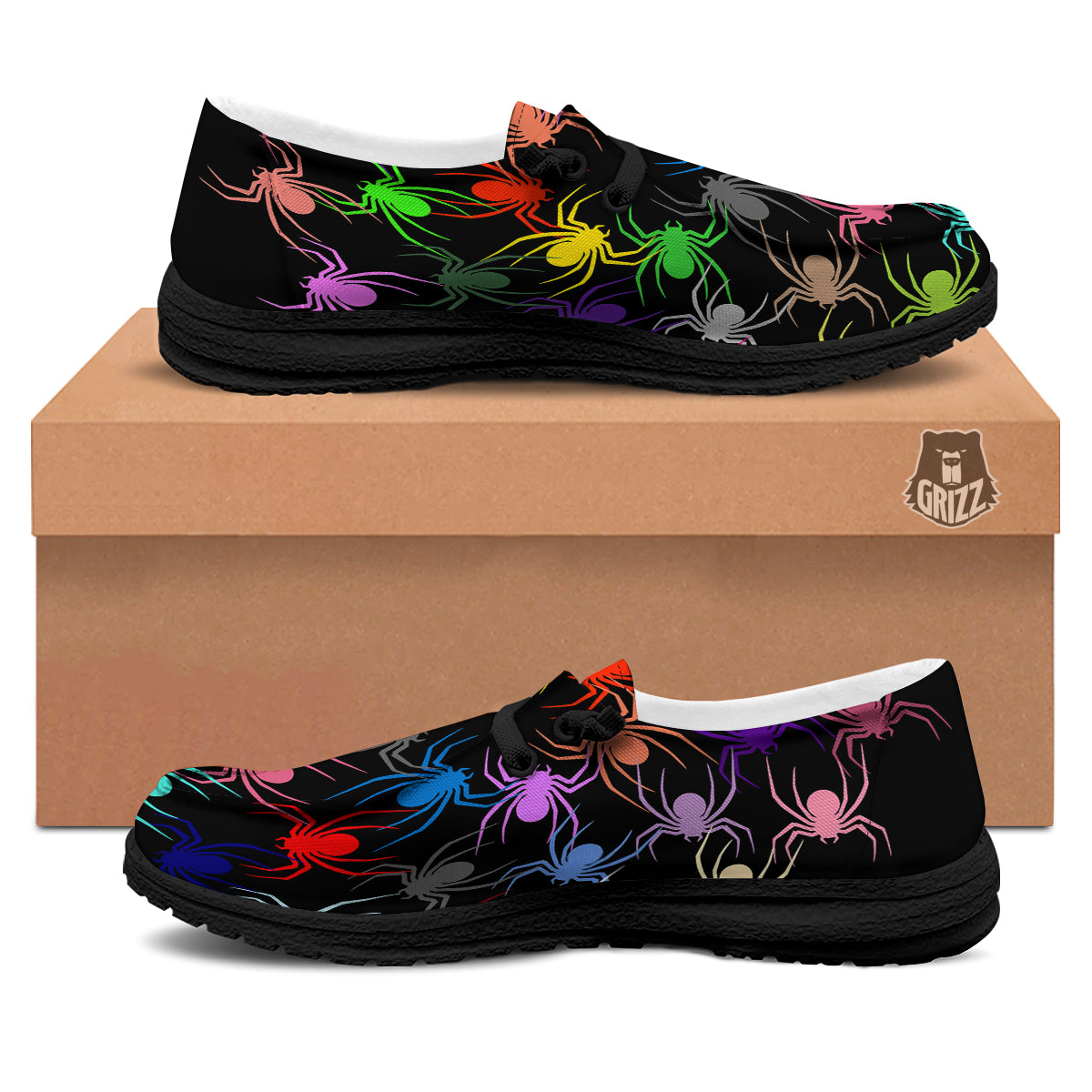 Colorful Spider And Spiral Web Print Black Loafers-grizzshop