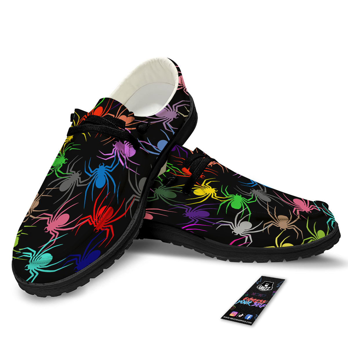 Colorful Spider And Spiral Web Print Black Loafers-grizzshop