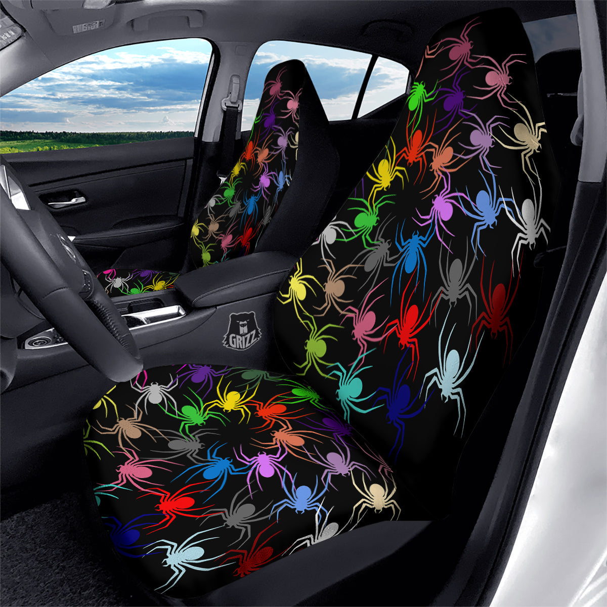 Colorful Spider And Spiral Web Print Car Seat Covers-grizzshop