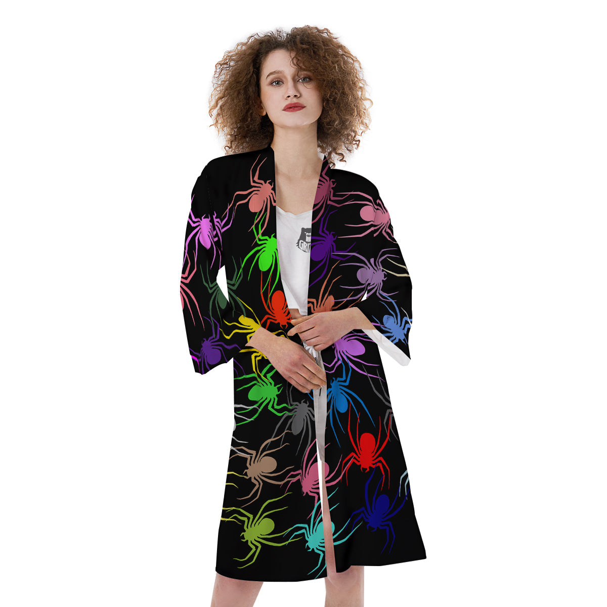 Colorful Spider And Spiral Web Print Kimono-grizzshop