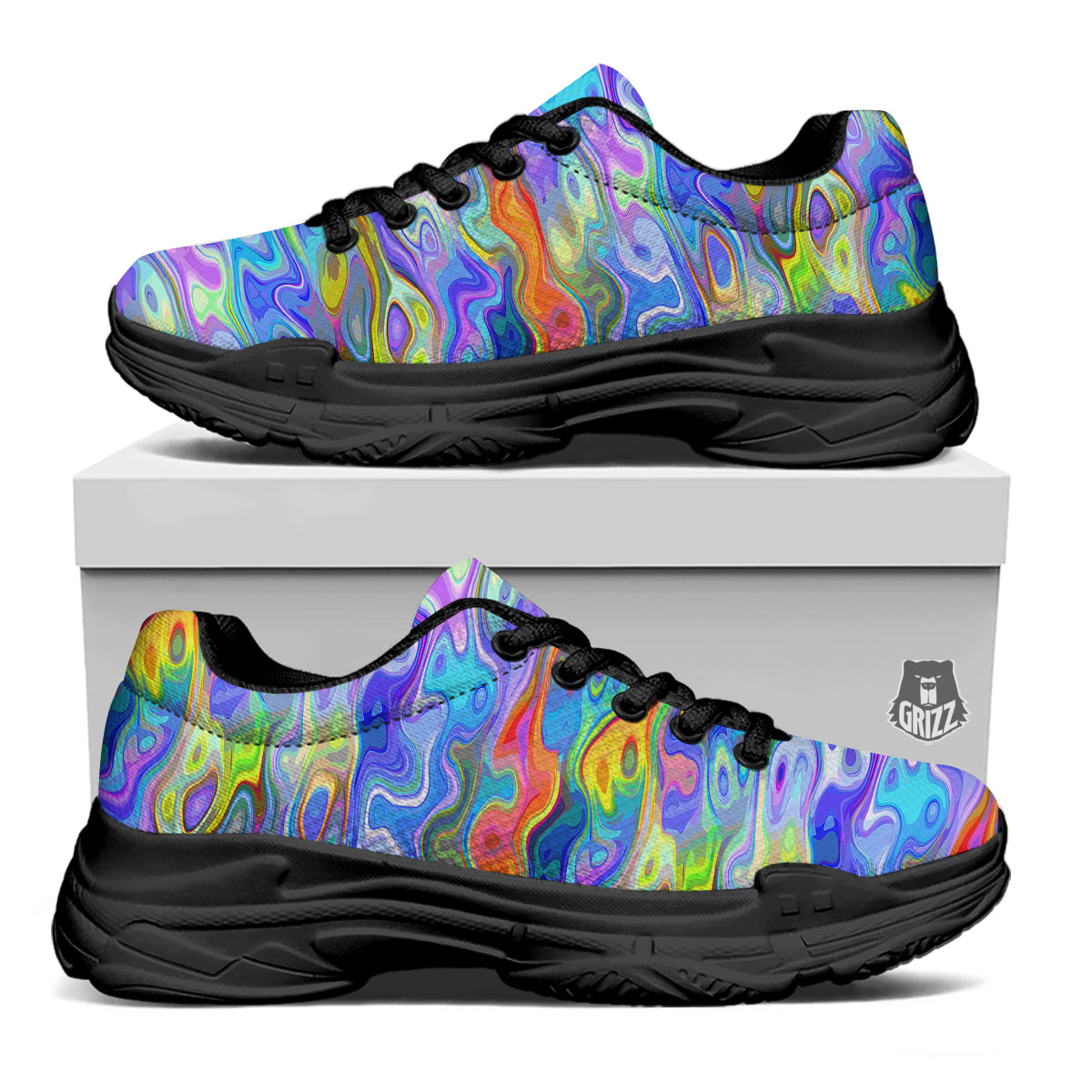 Colorful Tie Dye Wavy Hippie Print Black Chunky Shoes-grizzshop