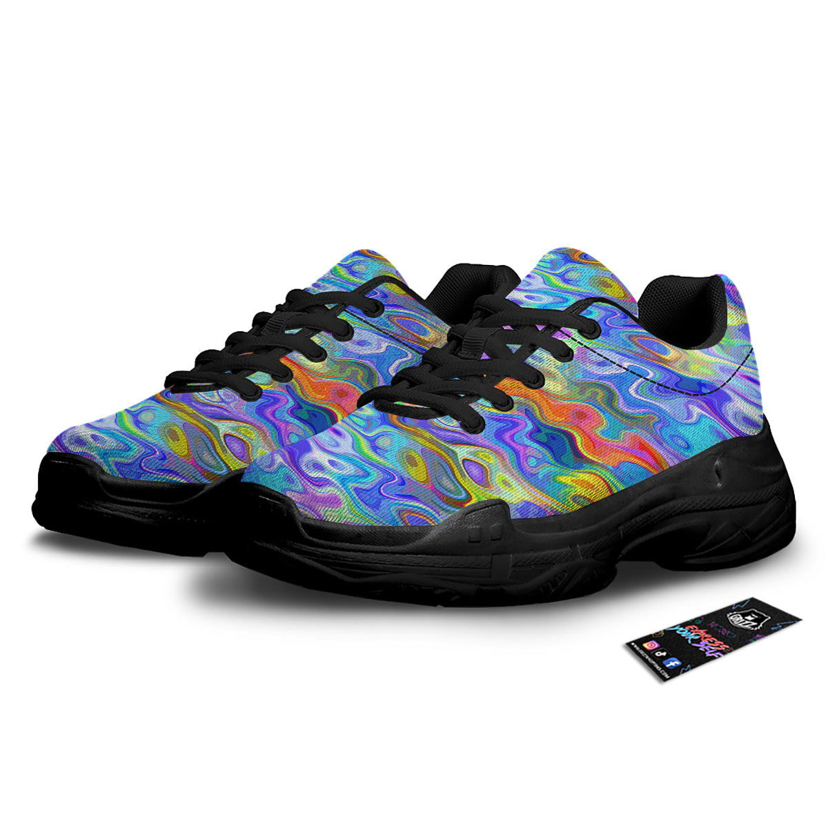 Colorful Tie Dye Wavy Hippie Print Black Chunky Shoes-grizzshop