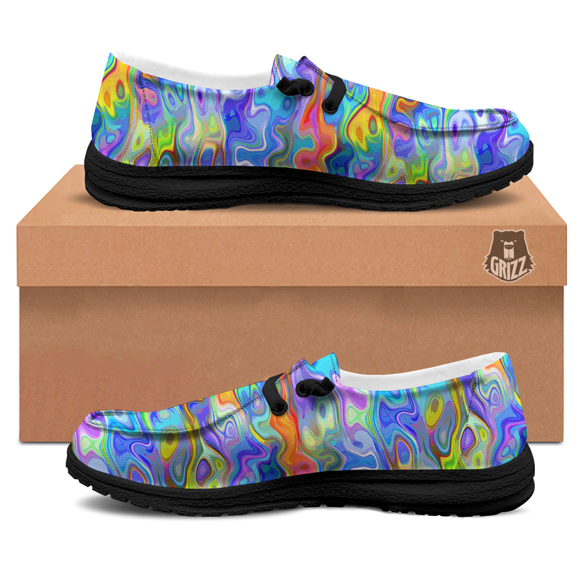 Colorful Tie Dye Wavy Hippie Print Black Loafers-grizzshop