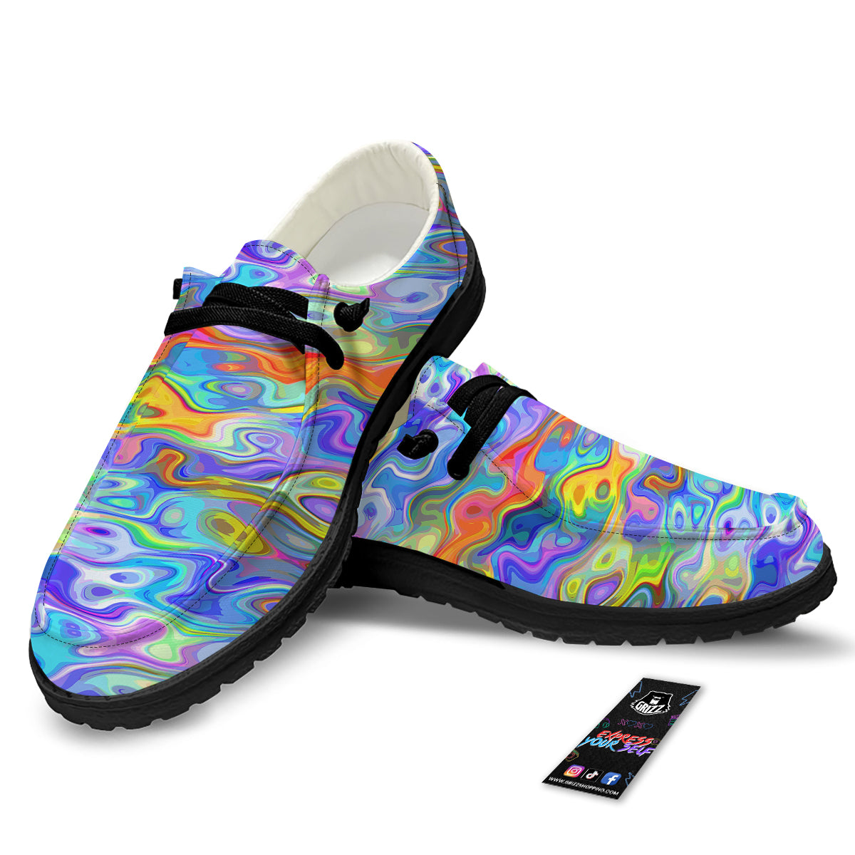 Colorful Tie Dye Wavy Hippie Print Black Loafers-grizzshop