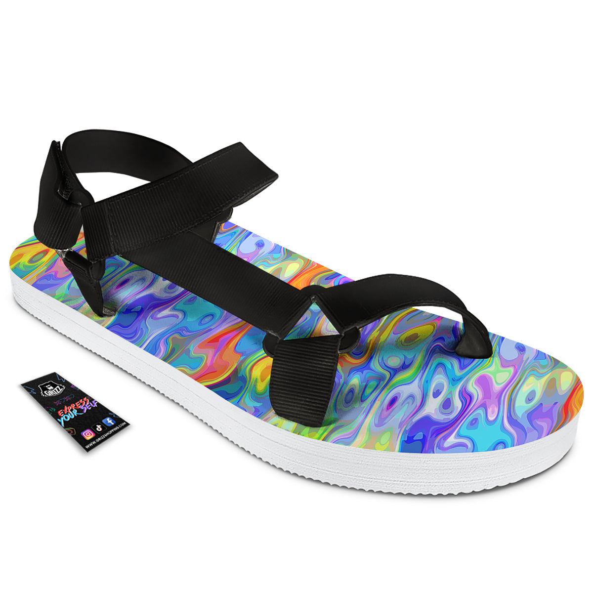 Colorful Tie Dye Wavy Hippie Print Black Open Toe Sandals-grizzshop