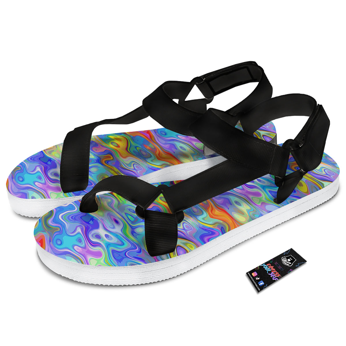 Colorful Tie Dye Wavy Hippie Print Black Open Toe Sandals-grizzshop