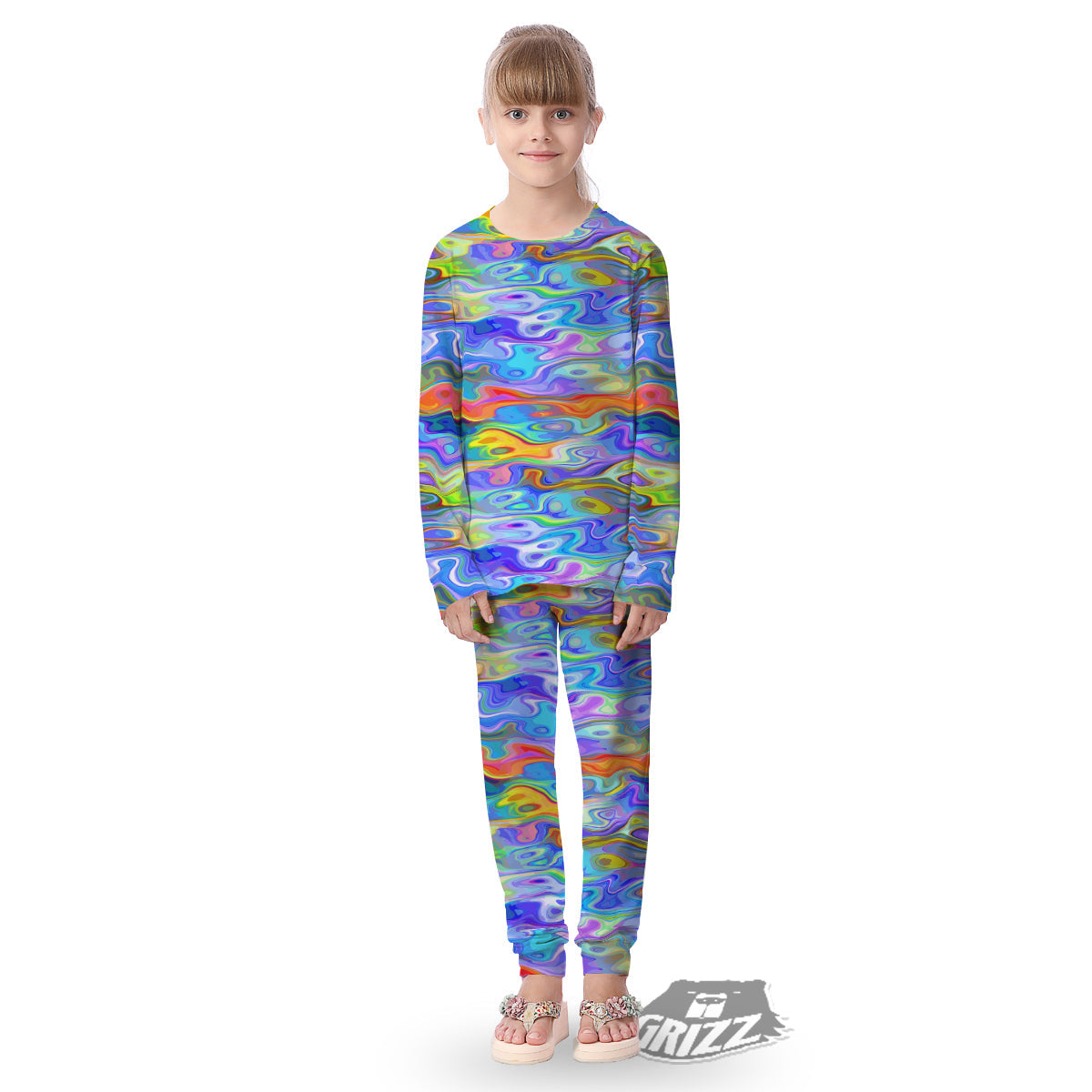Colorful Tie Dye Wavy Hippie Print Kid's Pajamas-grizzshop