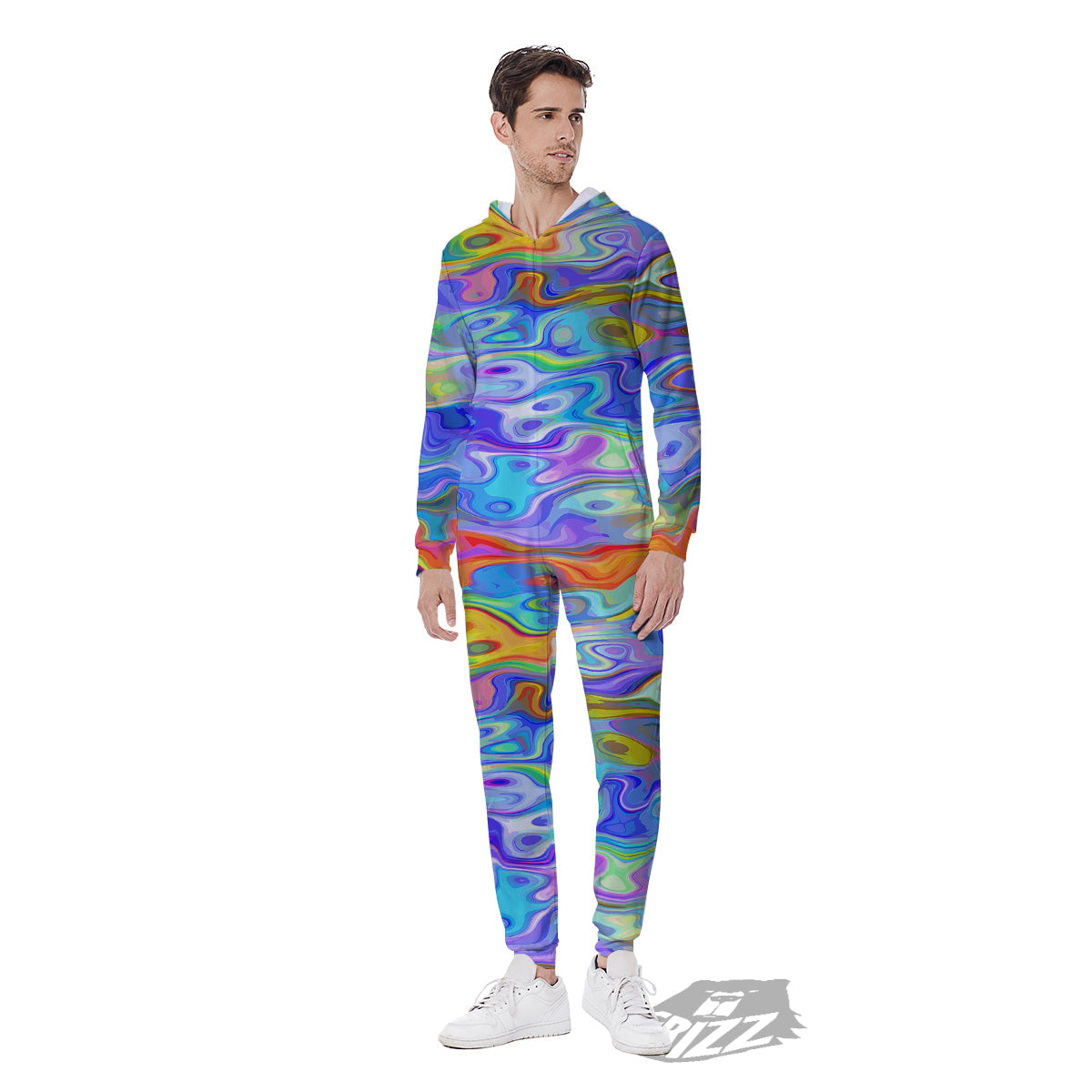 Colorful Tie Dye Wavy Hippie Print Men's Jumpsuit-grizzshop