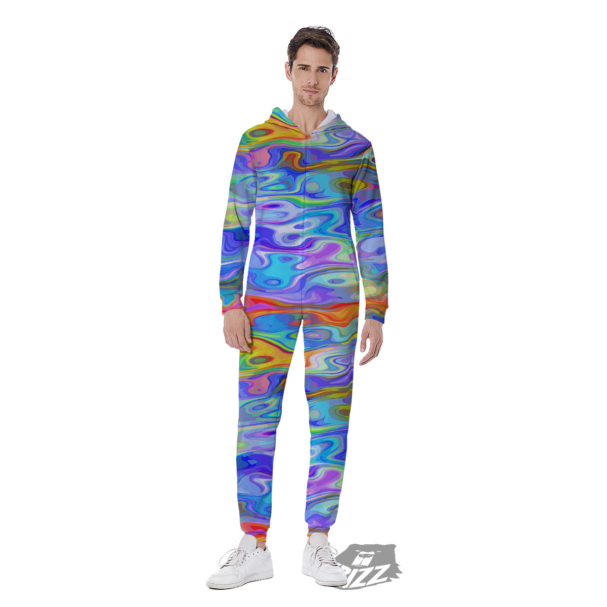 Colorful Tie Dye Wavy Hippie Print Men's Jumpsuit-grizzshop