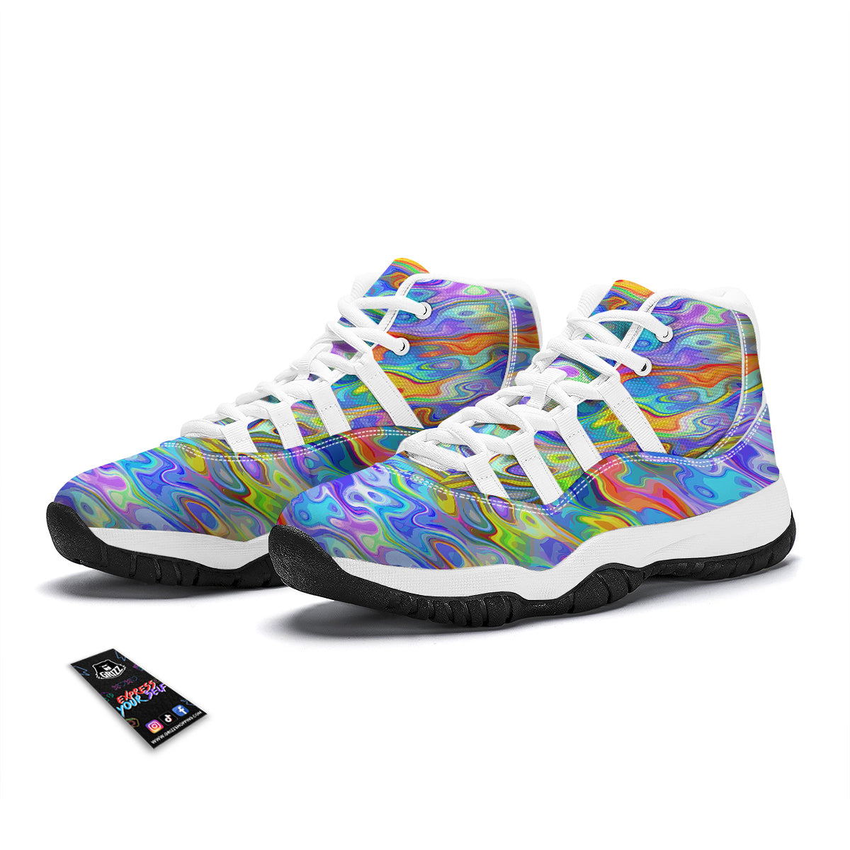 Colorful Tie Dye Wavy Hippie Print White Bball Shoes-grizzshop