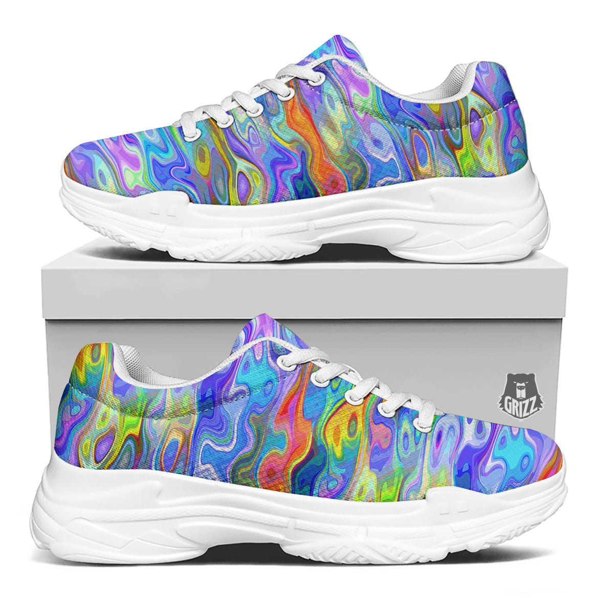 Colorful Tie Dye Wavy Hippie Print White Chunky Shoes-grizzshop