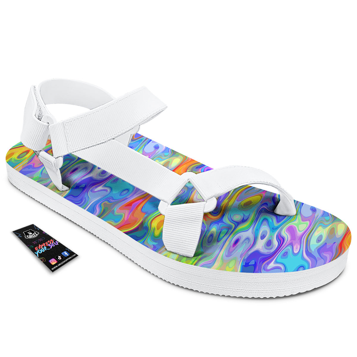 Colorful Tie Dye Wavy Hippie Print White Open Toe Sandals-grizzshop