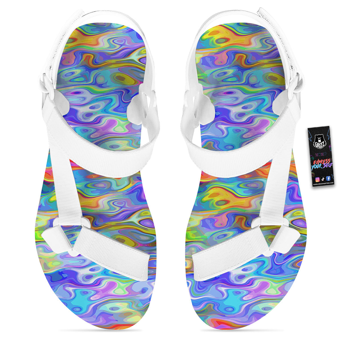 Colorful Tie Dye Wavy Hippie Print White Open Toe Sandals-grizzshop