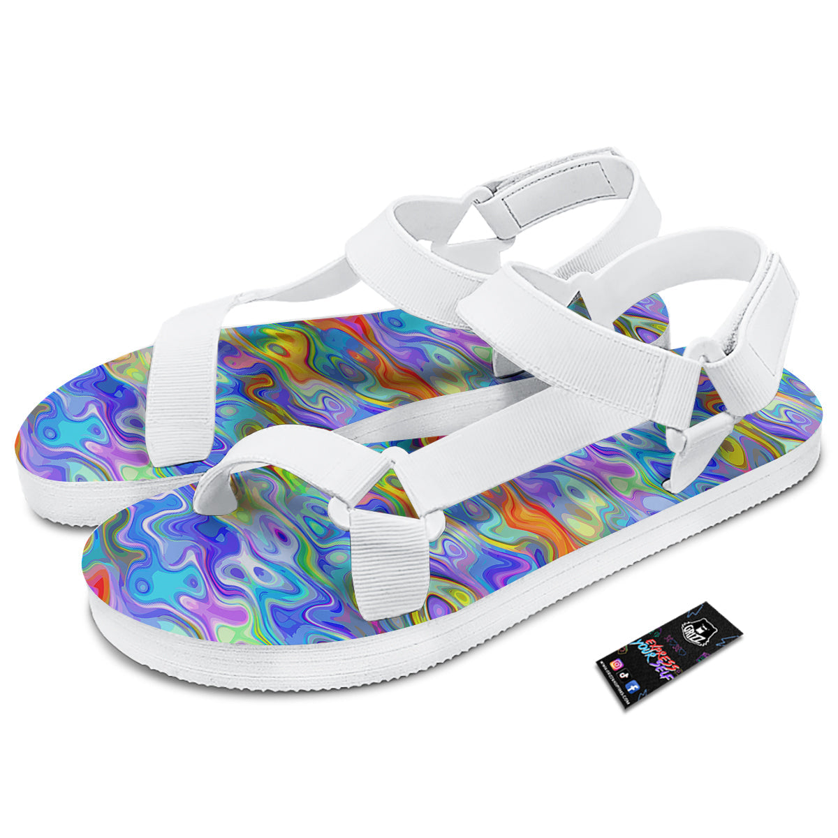 Colorful Tie Dye Wavy Hippie Print White Open Toe Sandals-grizzshop
