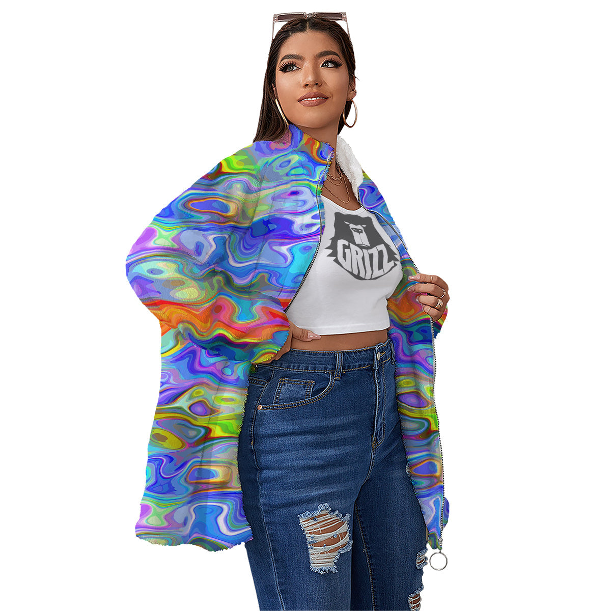 Colorful Tie Dye Wavy Hippie Print Women's Sherpa Jacket-grizzshop