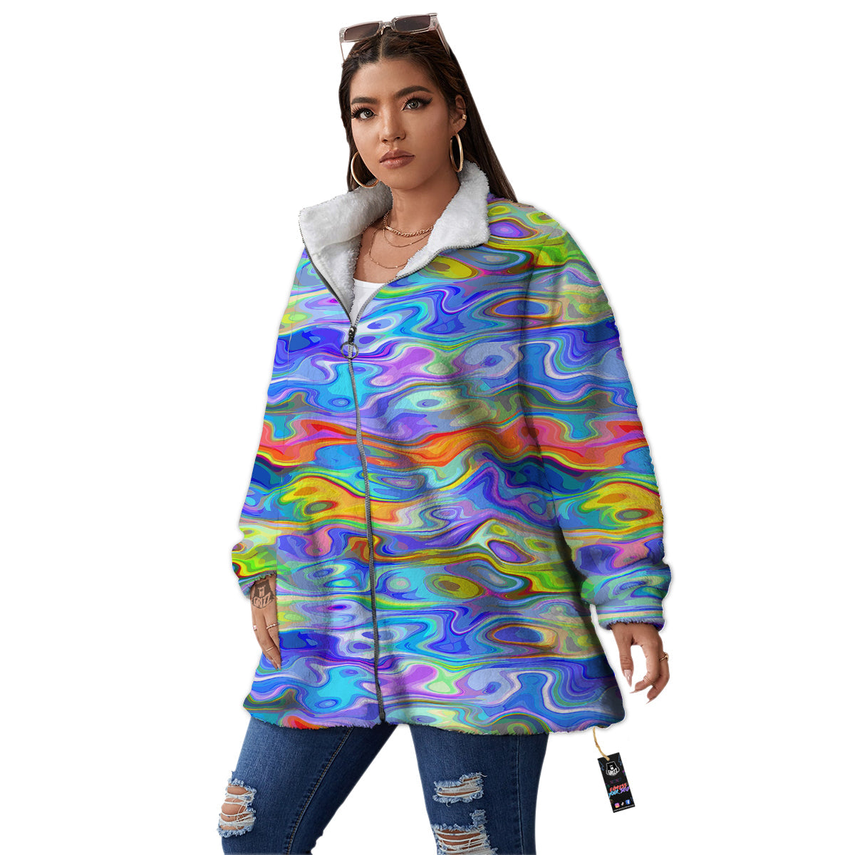 Colorful Tie Dye Wavy Hippie Print Women's Sherpa Jacket-grizzshop
