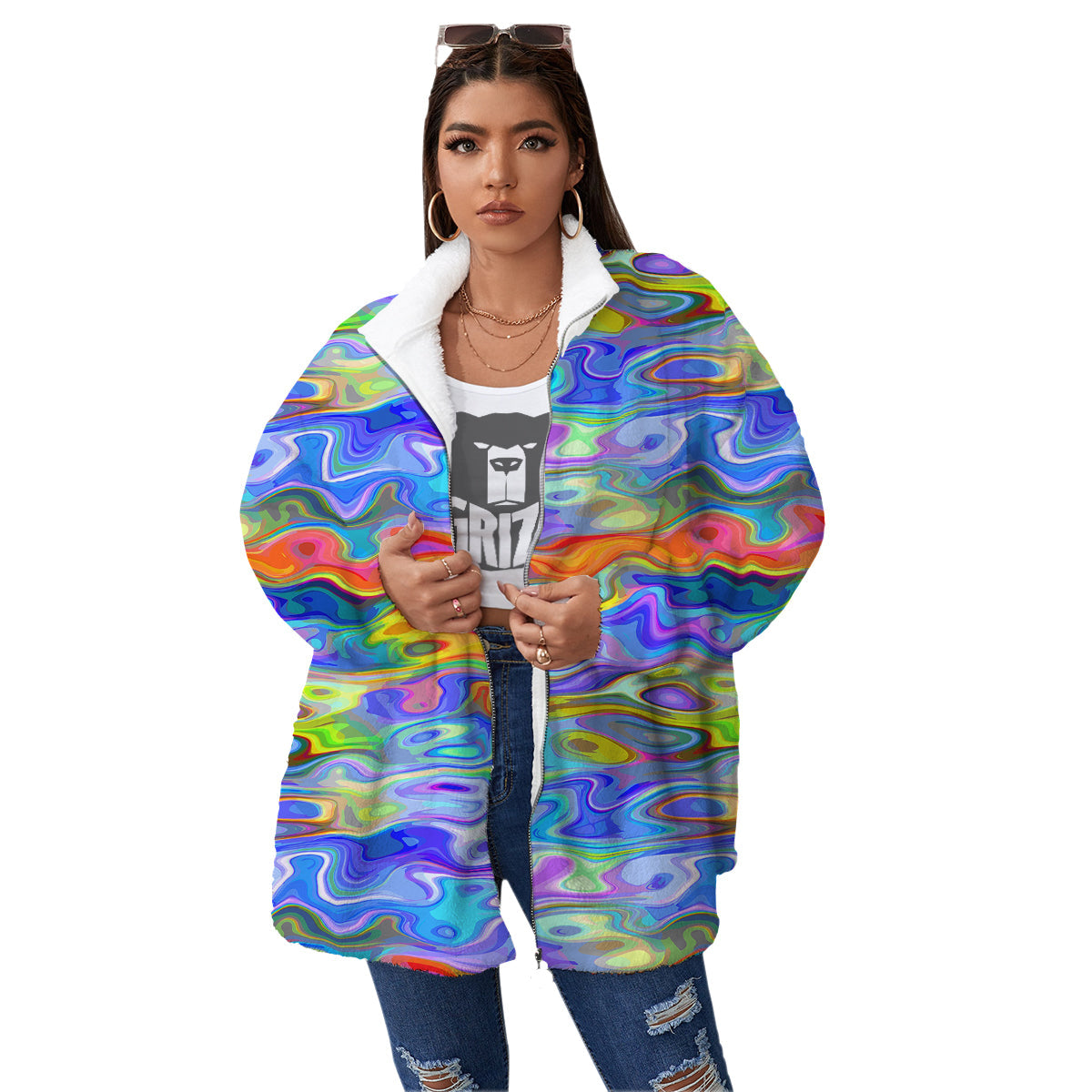 Colorful Tie Dye Wavy Hippie Print Women's Sherpa Jacket-grizzshop