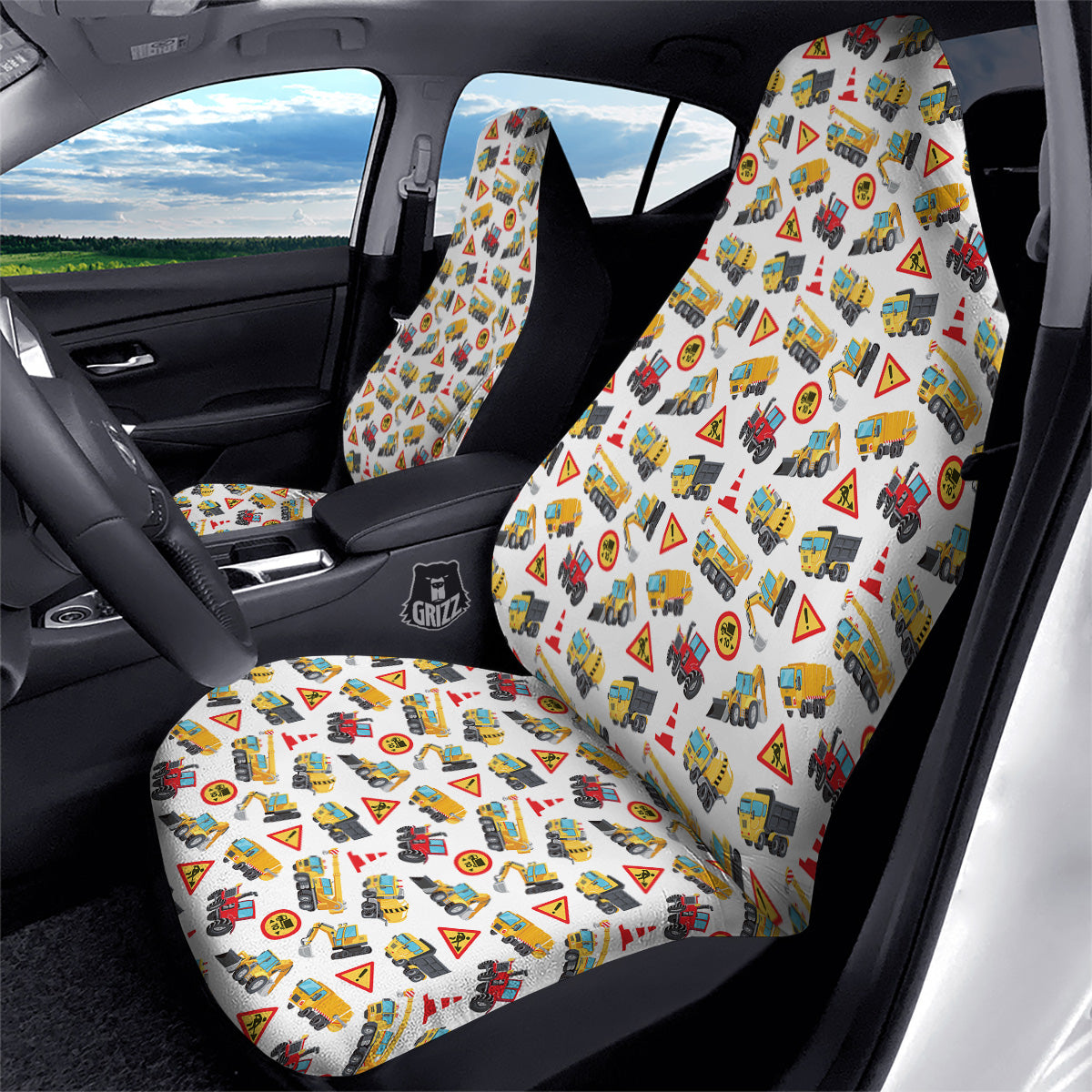 Colorful Toy Trucks And Tractor Print Pattern Car Seat Covers-grizzshop