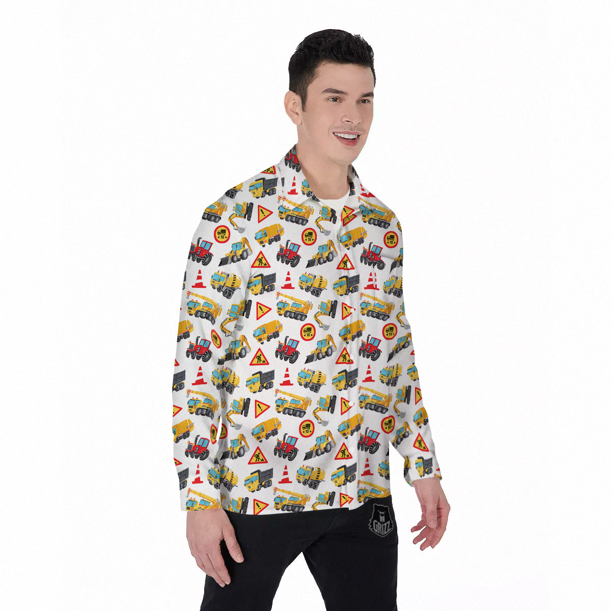 Colorful Toy Trucks And Tractor Print Pattern Men's Long Sleeve Shirts-grizzshop