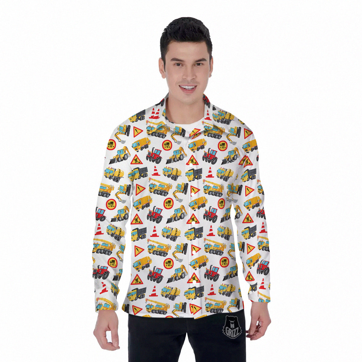 Colorful Toy Trucks And Tractor Print Pattern Men's Long Sleeve Shirts-grizzshop