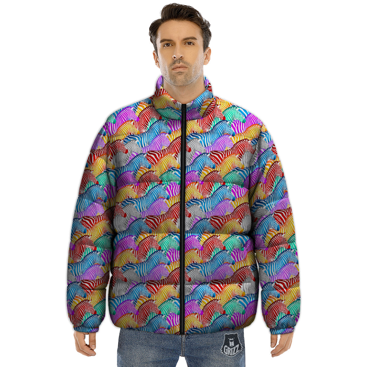 Colorful Zebra Print Pattern Puffer Jacket-grizzshop