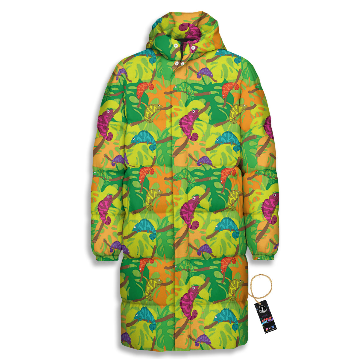 Colorful Chamaleon And Monstera Tropic Leave Print Pattern Long Down Jacket