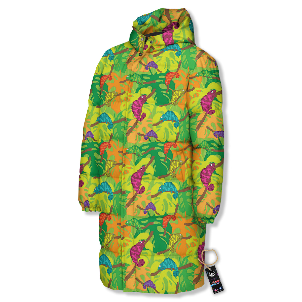 Colorful Chamaleon And Monstera Tropic Leave Print Pattern Long Down Jacket