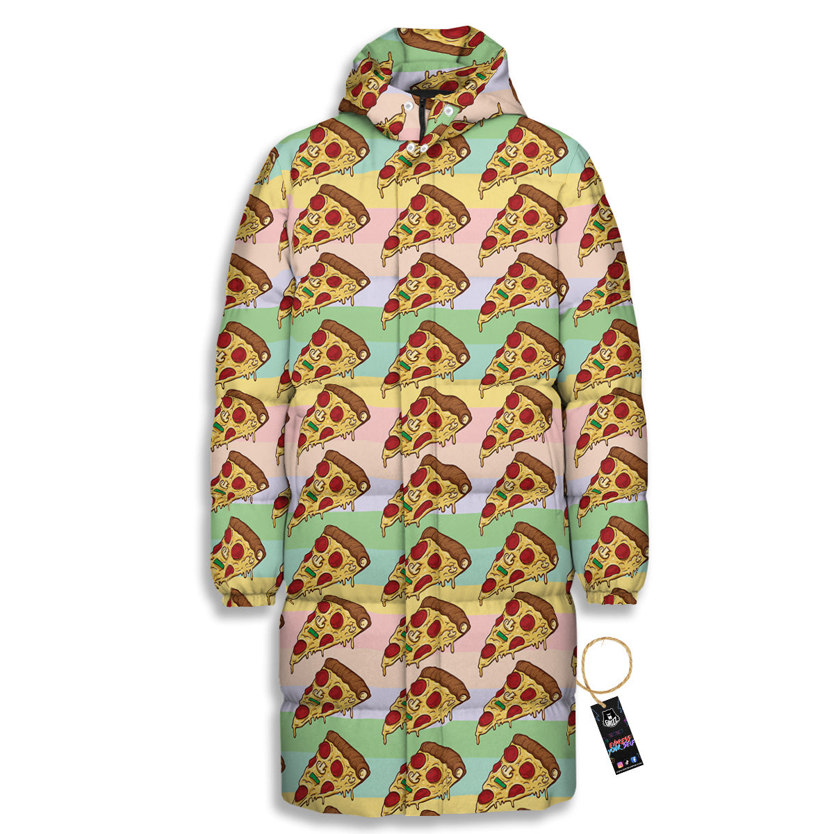 Colorful Pizza And Stiped Pastel Print Pattern Long Down Jacket