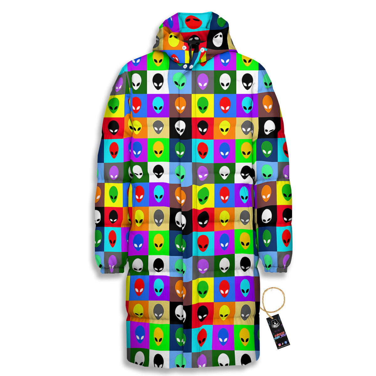 Colorful Retro Aliens Face Print Pattern Long Down Jacket