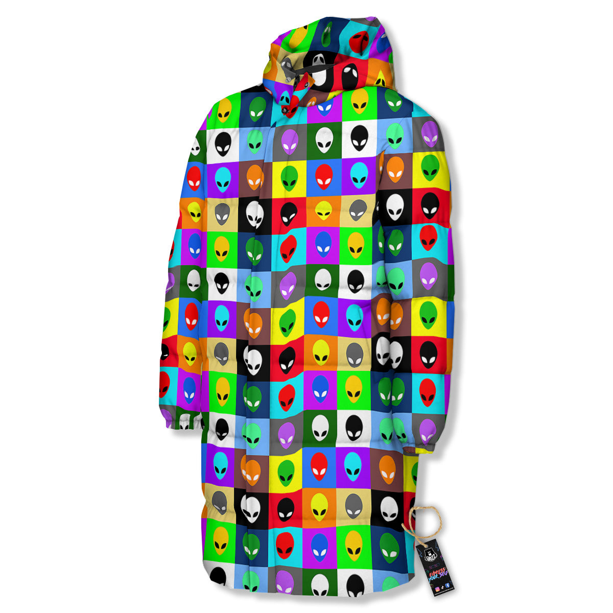 Colorful Retro Aliens Face Print Pattern Long Down Jacket