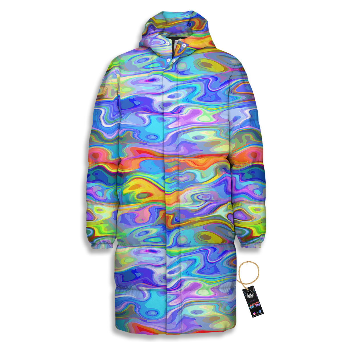 Colorful Tie Dye Wavy Hippie Print Long Down Jacket