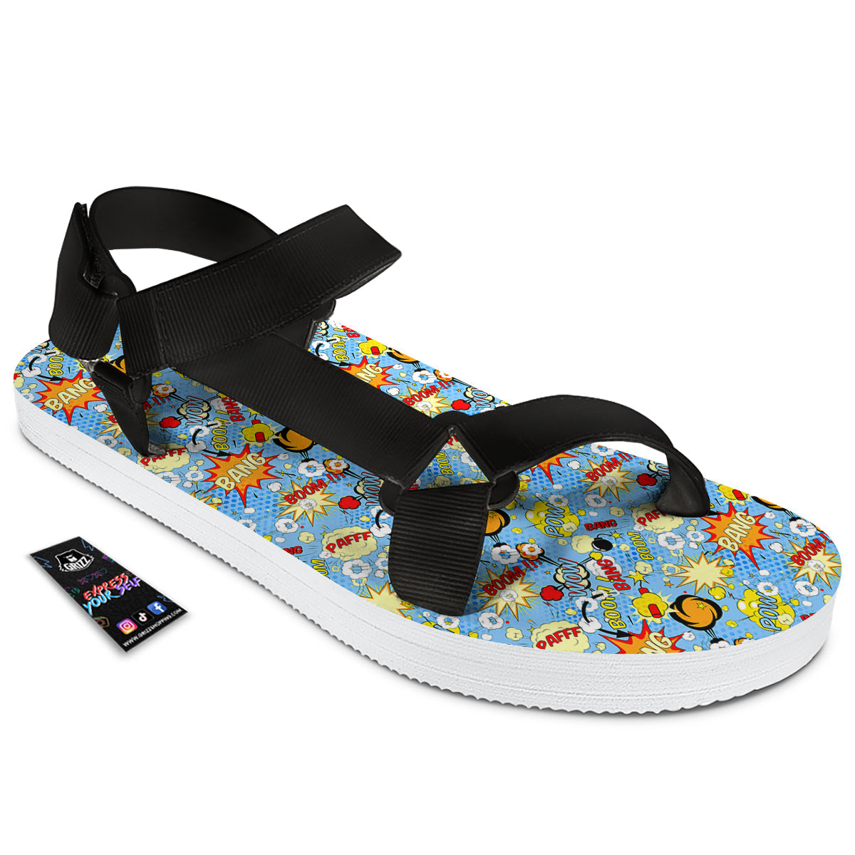 Comic Book Speech Bubbles Print Pattern Black Open Toe Sandals-grizzshop