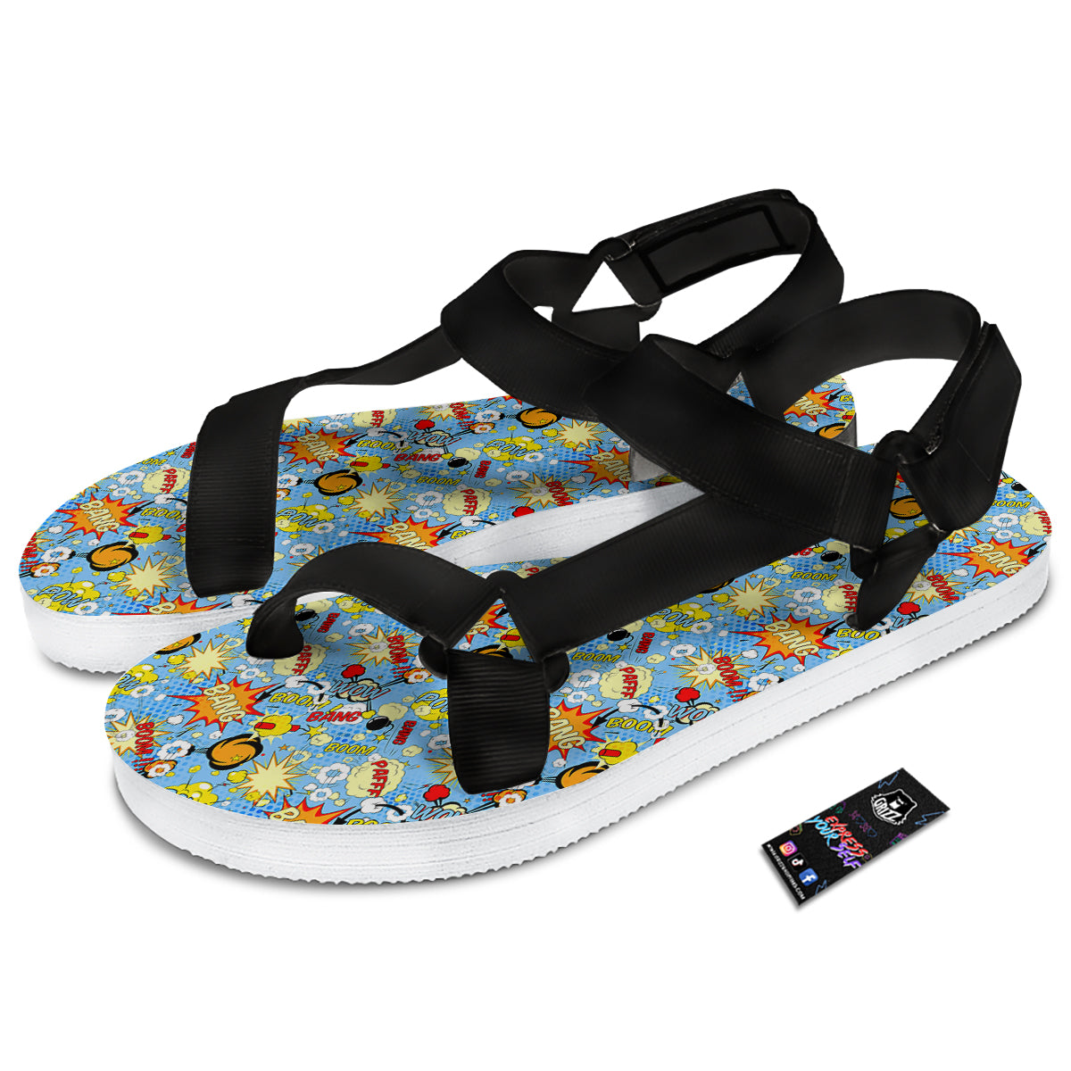 Comic Book Speech Bubbles Print Pattern Black Open Toe Sandals-grizzshop
