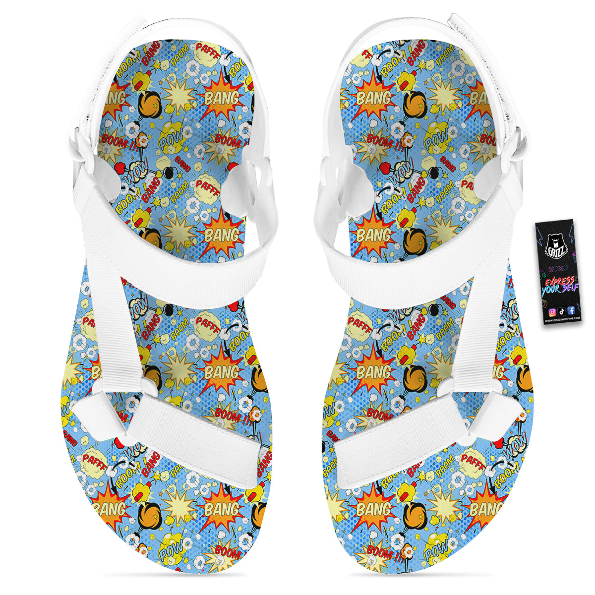Comic Book Speech Bubbles Print Pattern White Open Toe Sandals-grizzshop