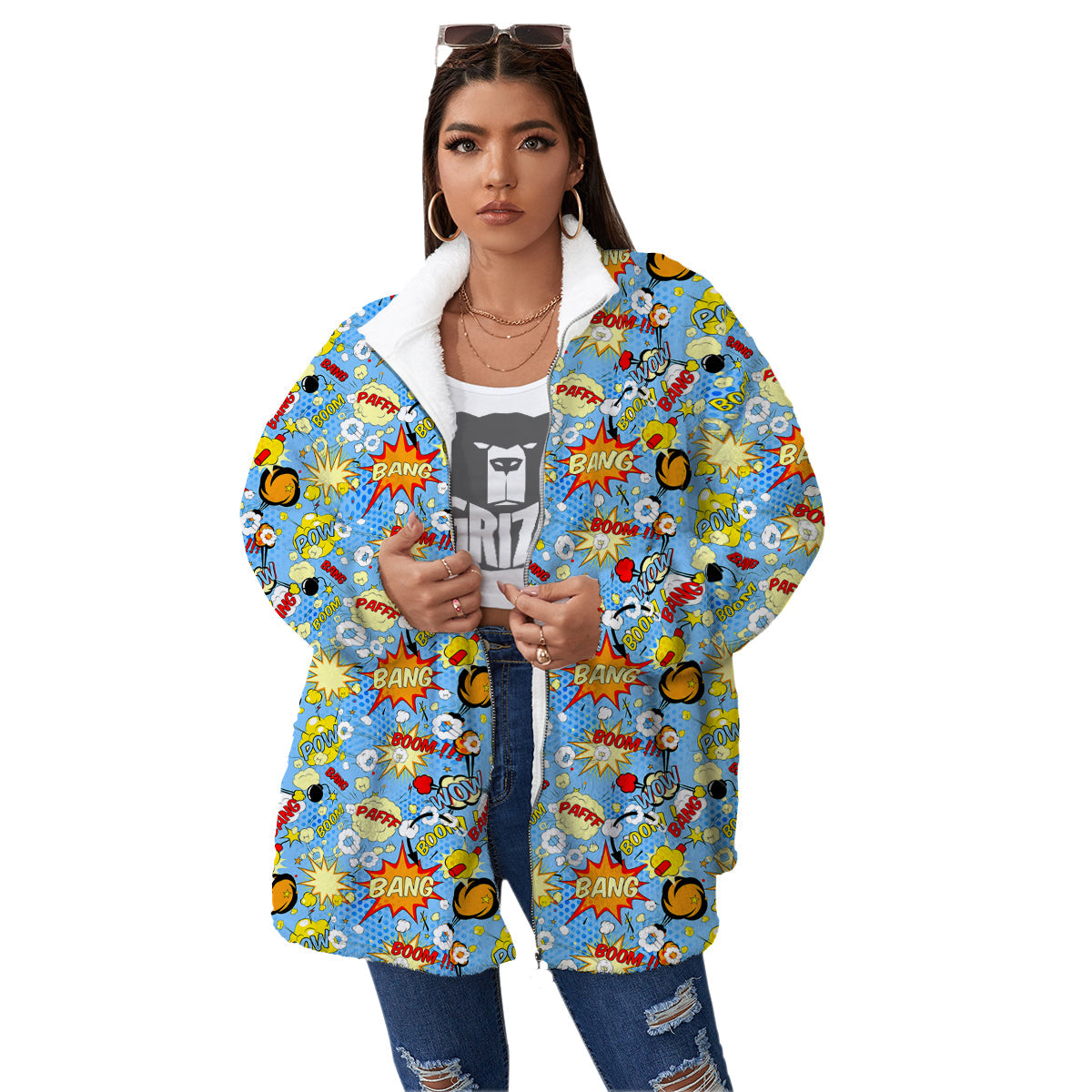 Comic Book Speech Bubbles Print Pattern Women's Sherpa Jacket-grizzshop