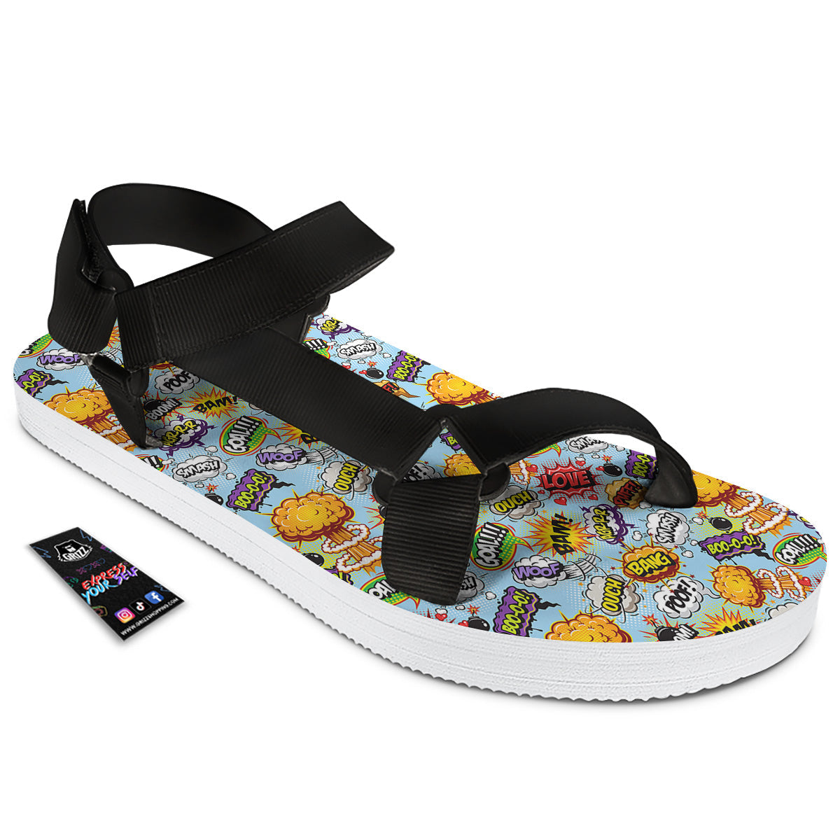 Comics Book Speech Print Pattern Black Open Toe Sandals-grizzshop