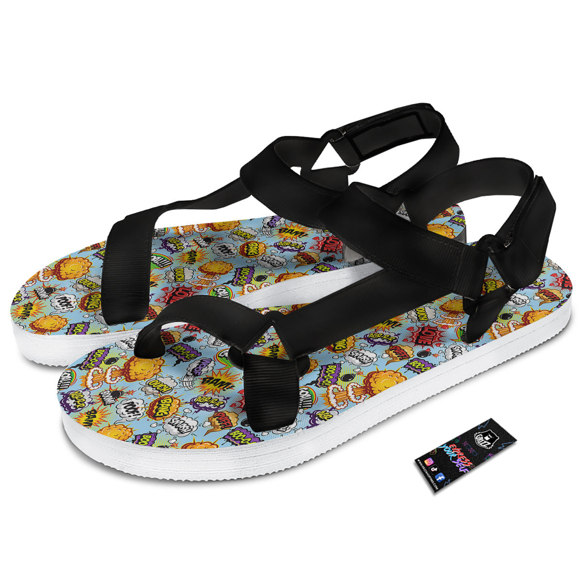 Comics Book Speech Print Pattern Black Open Toe Sandals-grizzshop