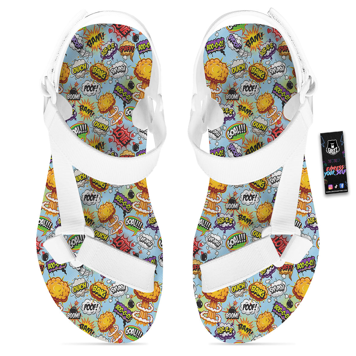 Comics Book Speech Print Pattern White Open Toe Sandals-grizzshop