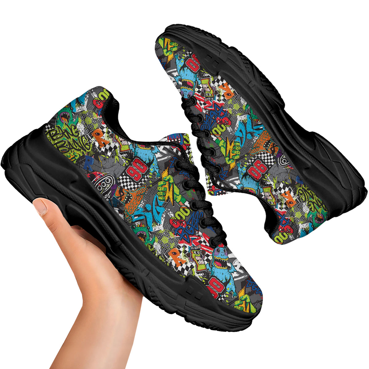 Comics Monsters Graffiti Print Pattern Black Chunky Shoes-grizzshop