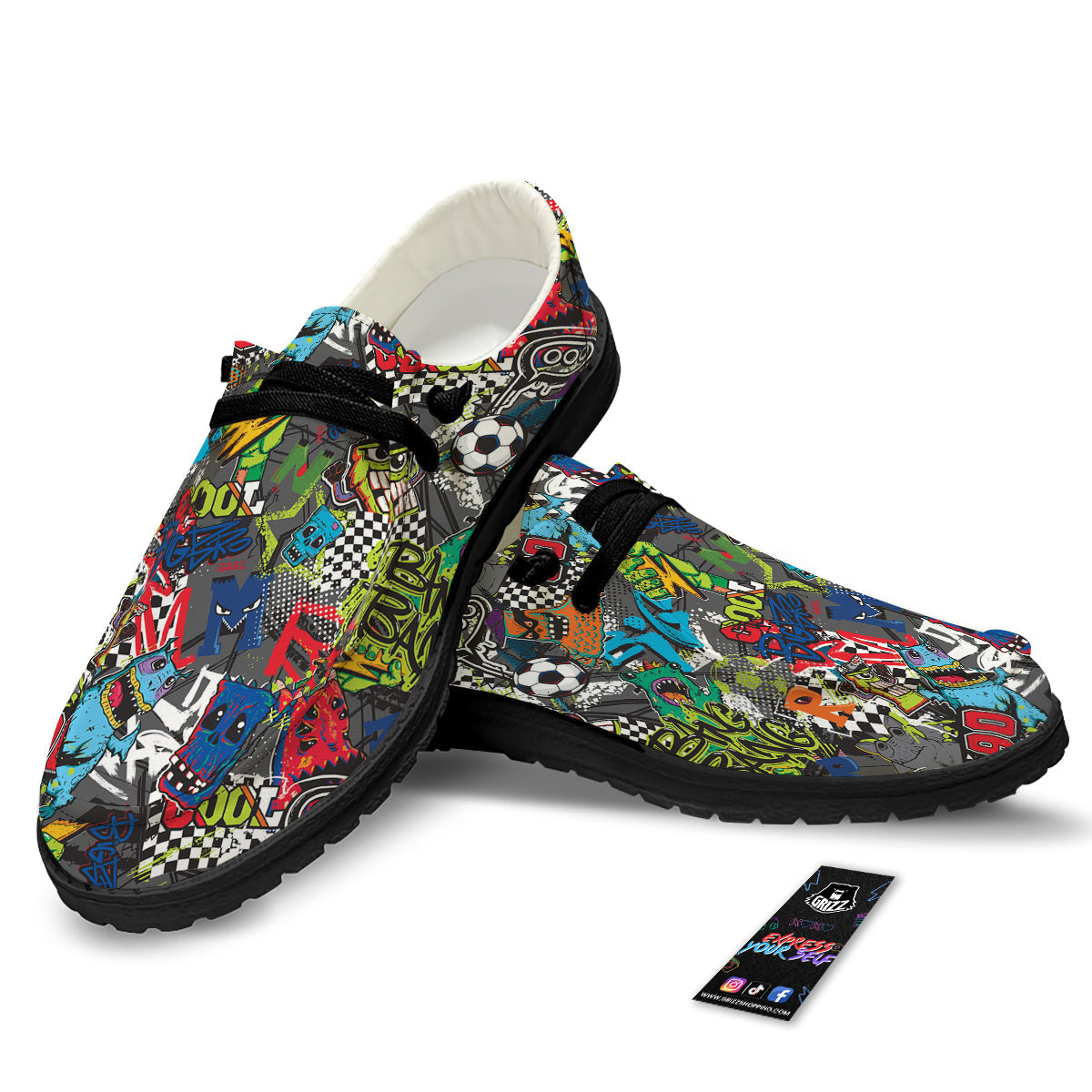 Comics Monsters Graffiti Print Pattern Black Loafers-grizzshop