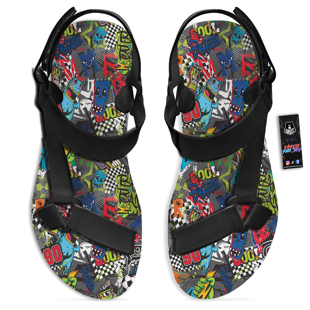 Comics Monsters Graffiti Print Pattern Black Open Toe Sandals-grizzshop