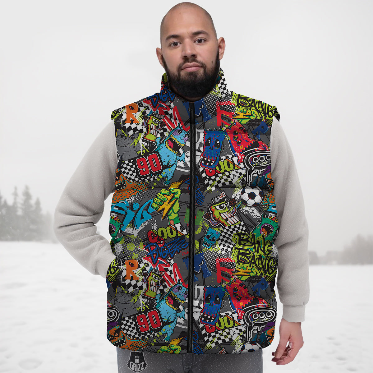 Comics Monsters Graffiti Print Pattern Down Vest