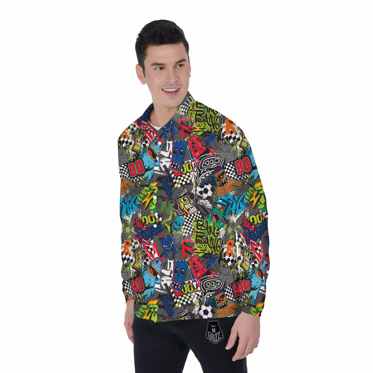 Comics Monsters Graffiti Print Pattern Men's Long Sleeve Shirts-grizzshop