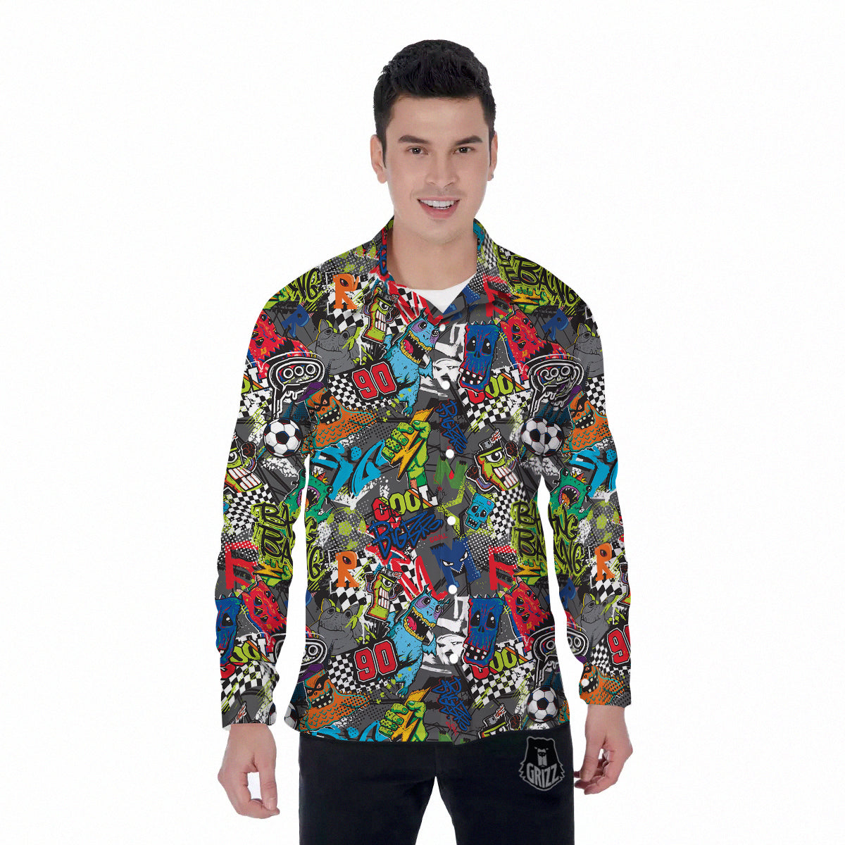 Comics Monsters Graffiti Print Pattern Men's Long Sleeve Shirts-grizzshop