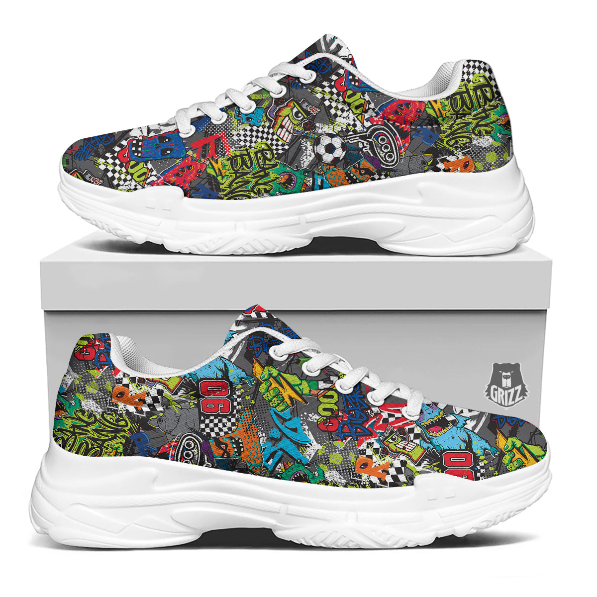 Comics Monsters Graffiti Print Pattern White Chunky Shoes-grizzshop