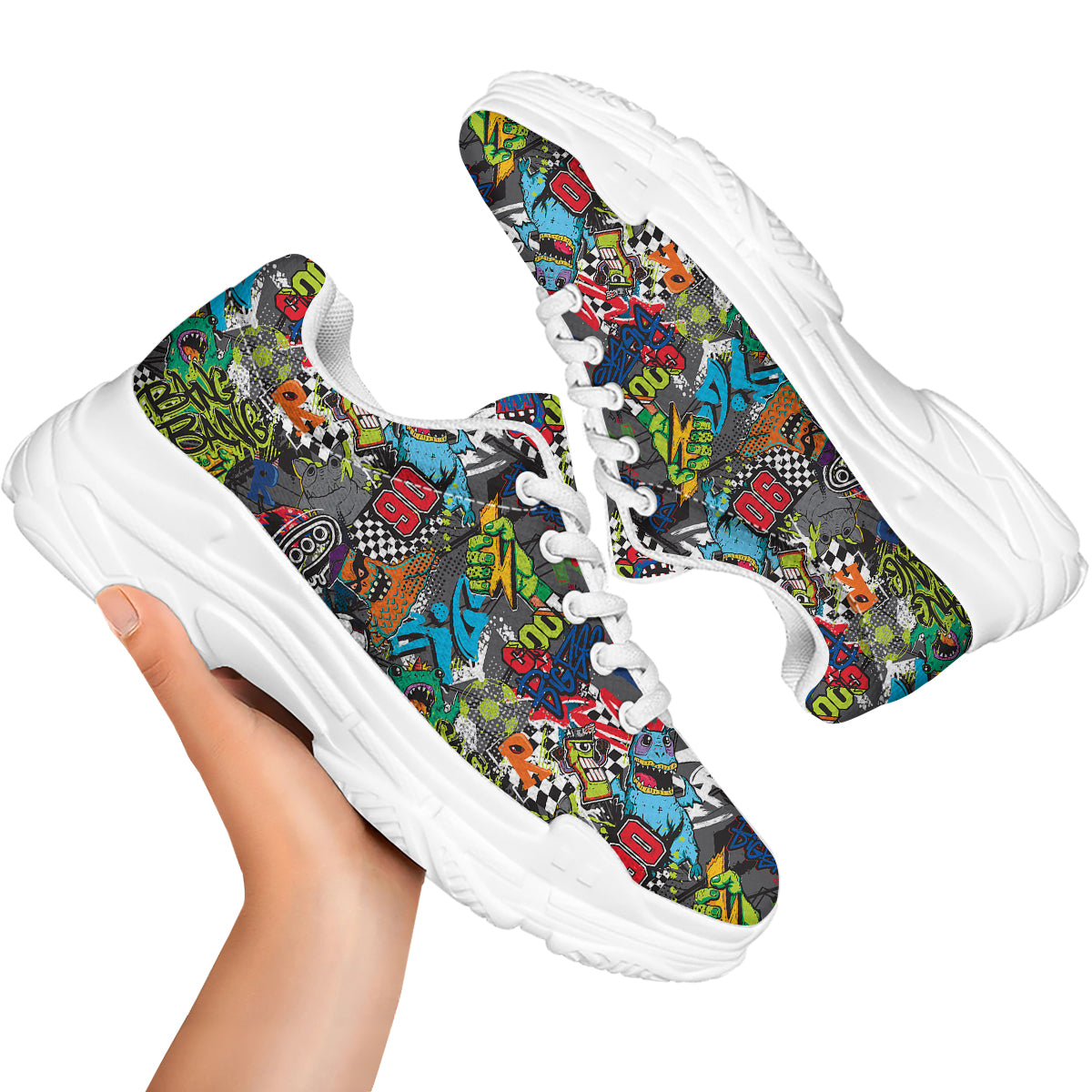 Comics Monsters Graffiti Print Pattern White Chunky Shoes-grizzshop